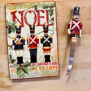 VTG Santa's Workshop Noel Nutcracker Ceramic Cheese Plate & Knife‎ Set Christmas